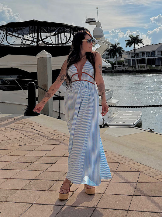 Blue Stripe Halter Maxi Dress