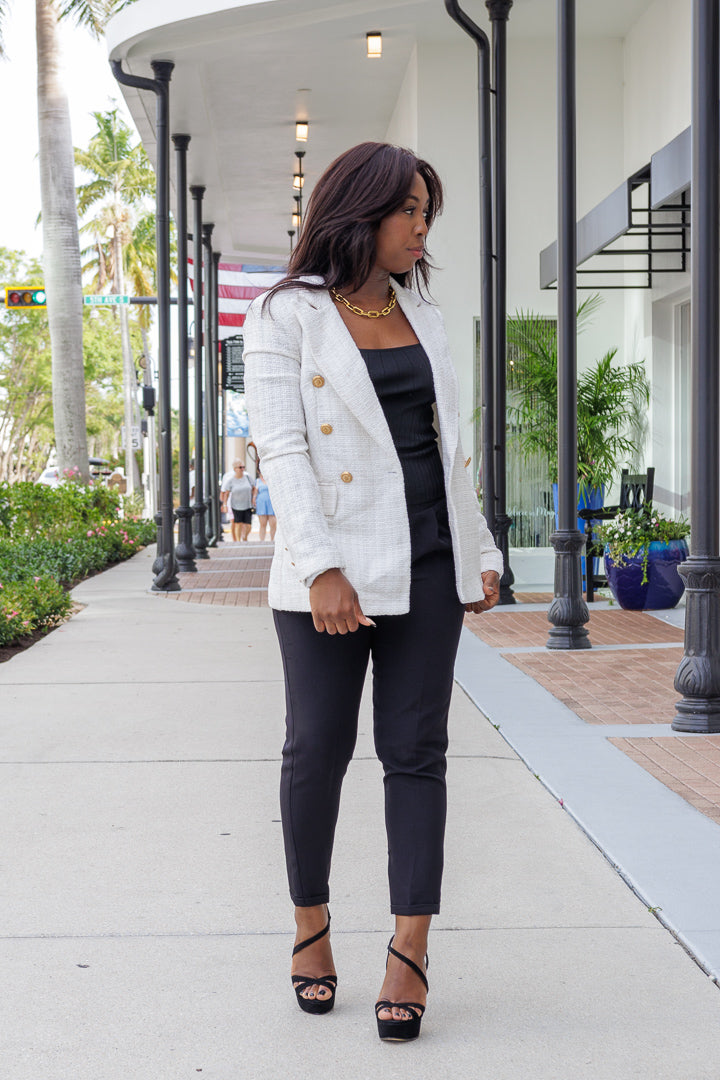 White Double-Breasted Tweed Blazer