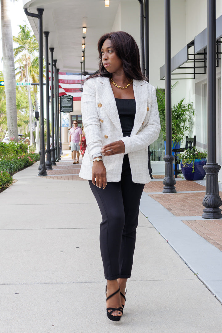 White Double Breasted Tweed Blazer