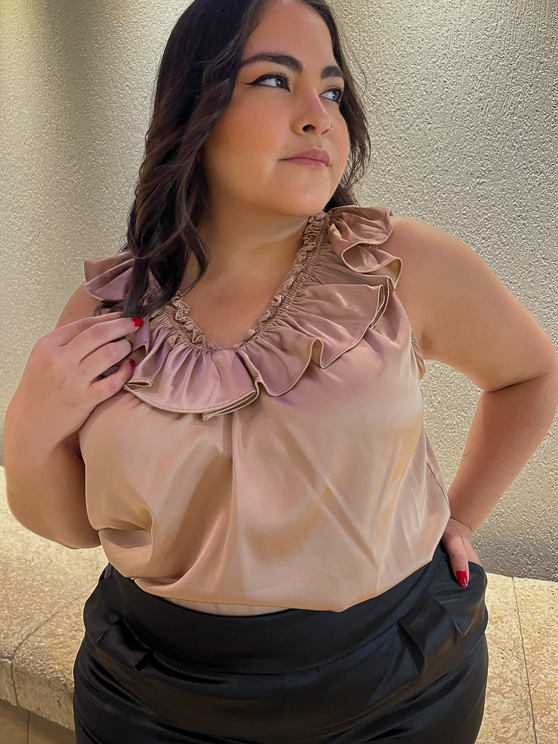 Satin Ruffled V Neck