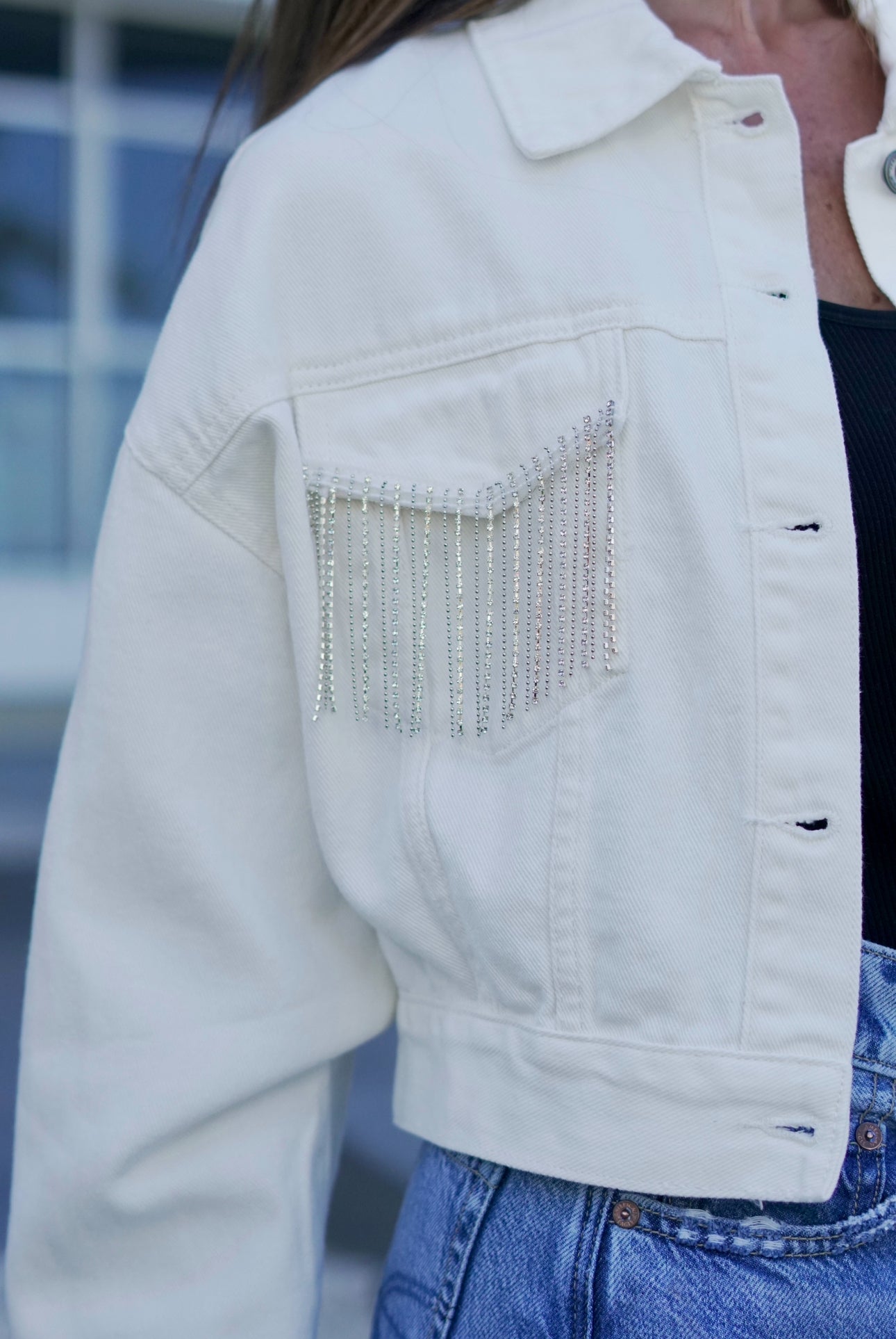 Denim White Jacket with Diamonds