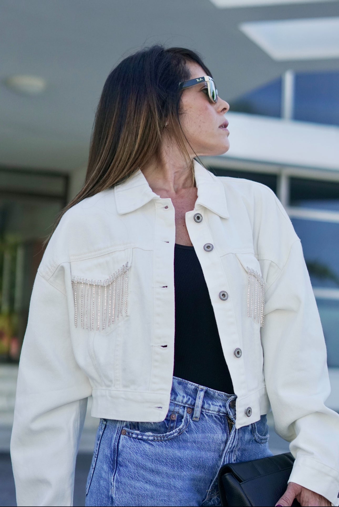 Denim White Jacket with Diamonds