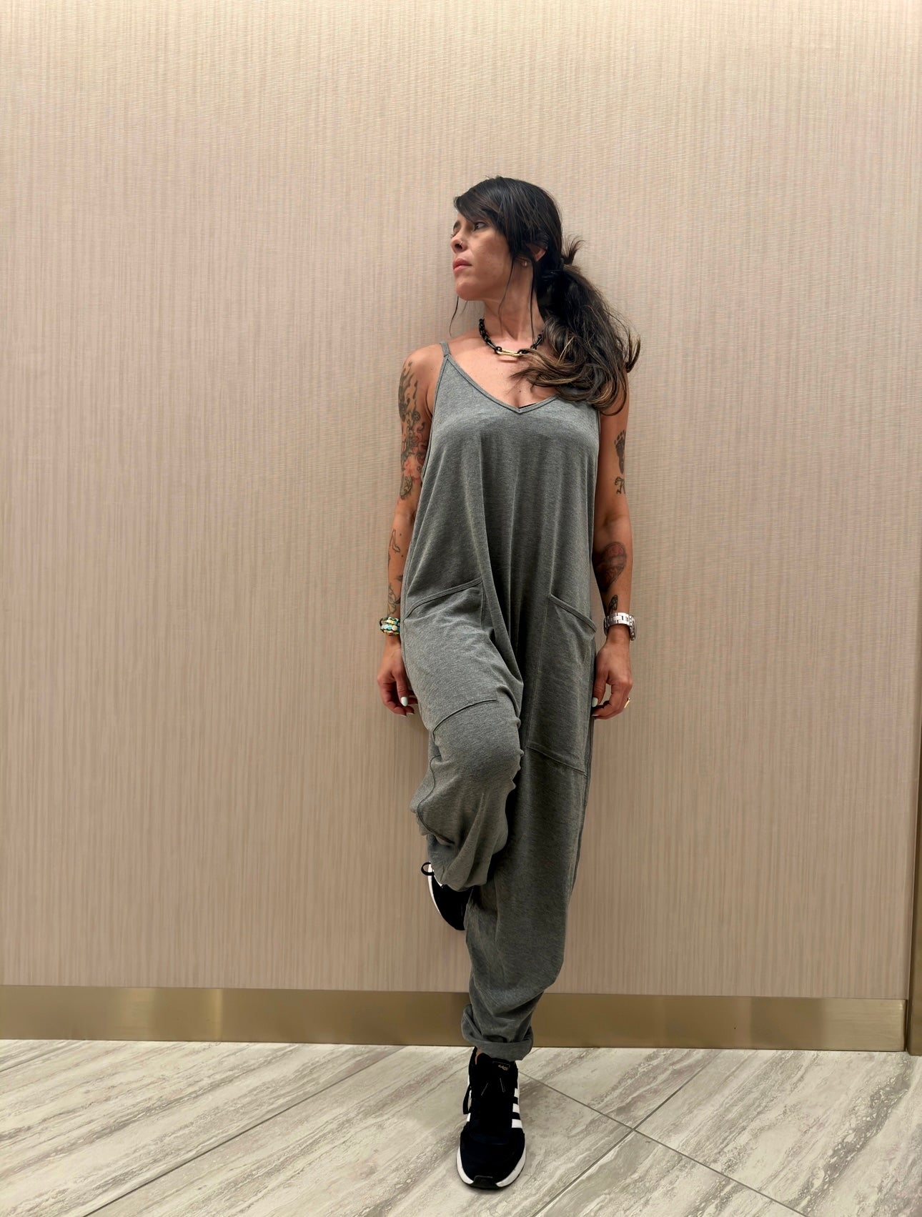 Melange Knit Jumpsuit w Pocket