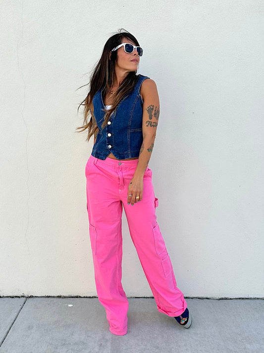 Pink Denim Cargo Pants