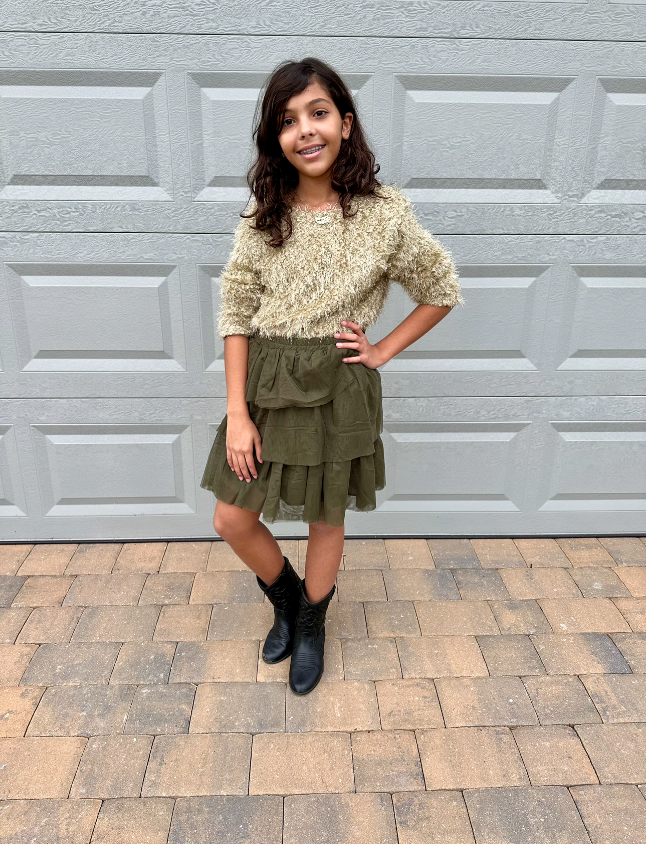 Girl's Olive Mesh Skirt