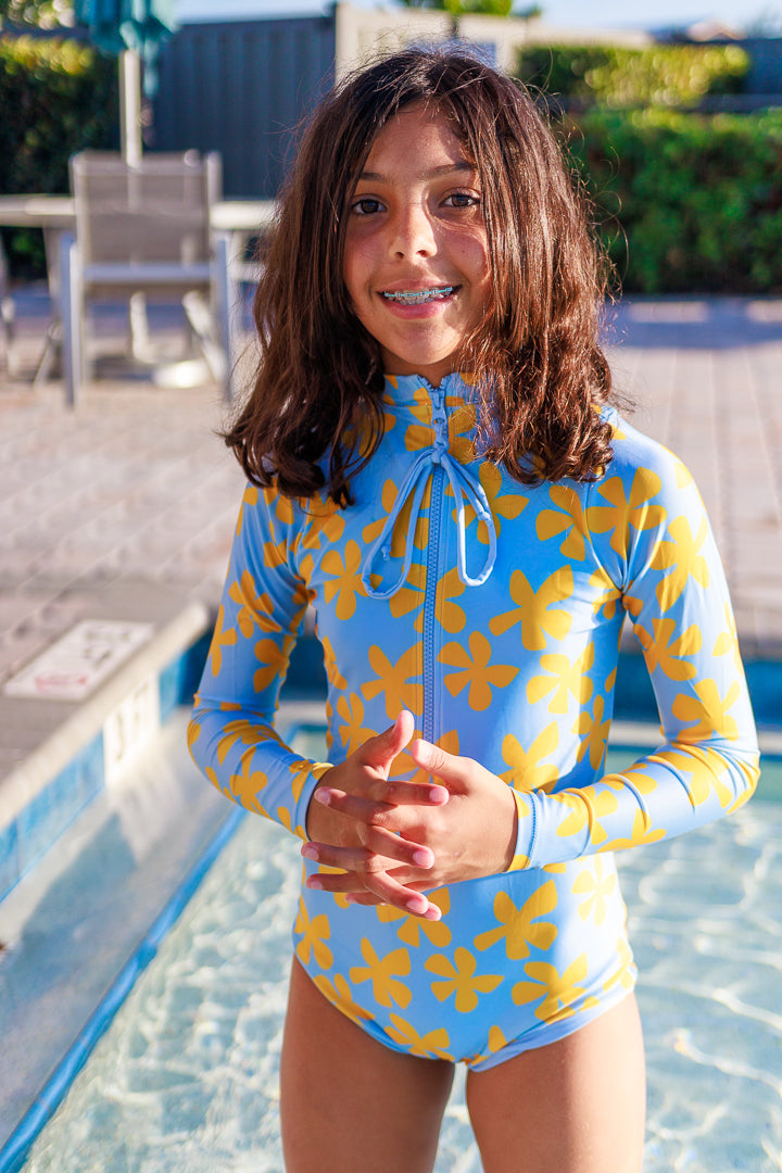 Girl's Zip up Blue Plumeria Swimsuits